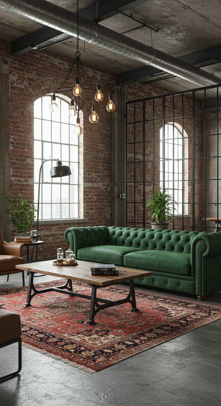 Loft-Wohnzimmer im Industrial-Stil mit grüner Chesterfield-Couch und Backsteinwänden.