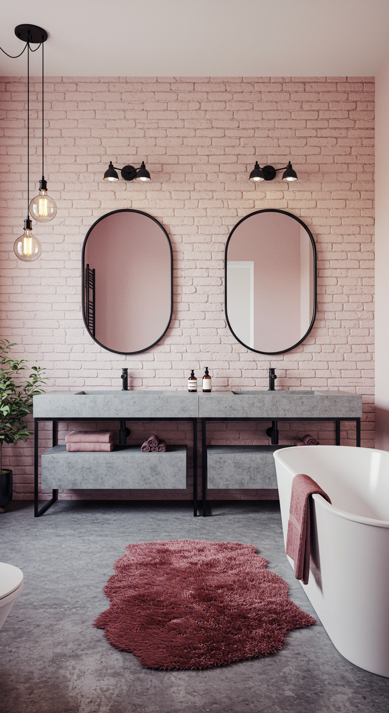 Bad mit rosa Backsteinwand, Betonwaschtisch und schwarzen Armaturen.
