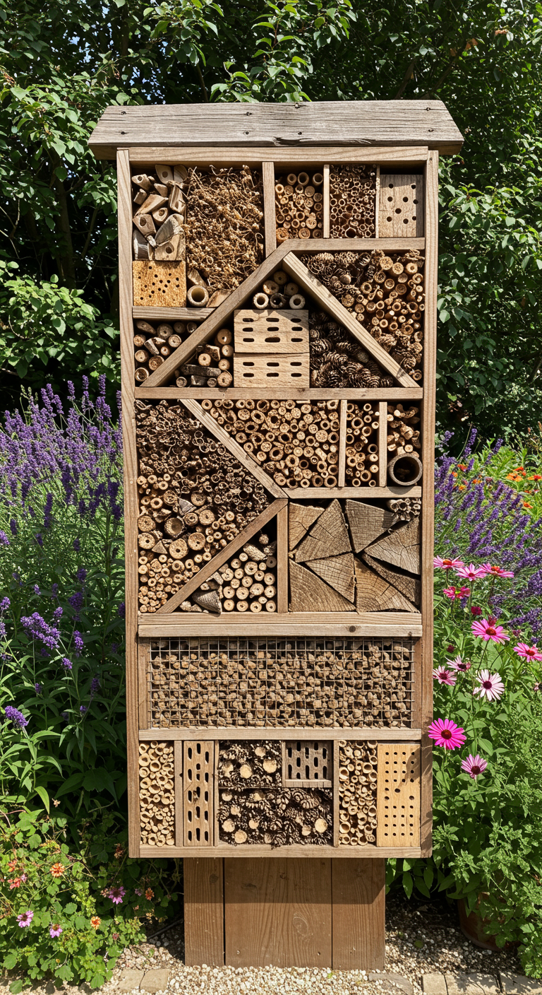 Großes, kunstvolles Insektenhotel aus verschiedenen Naturmaterialien im Garten.