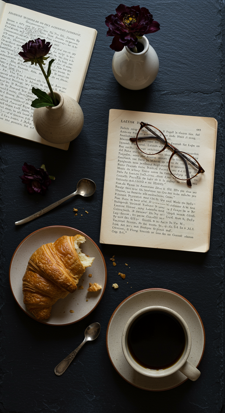 Flatlay auf Schiefer: Kaffee, Croissant, Buch, Brille, Löffel, Vasen mit dunklen Blüten.
