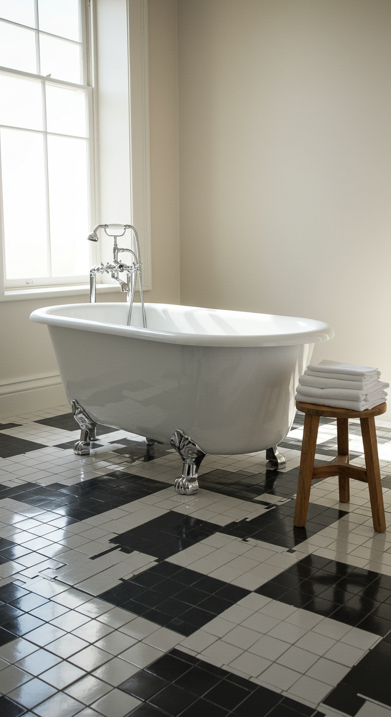 Badezimmer mit freistehender Wanne und schwarz-weißen Schachbrettfliesen.
