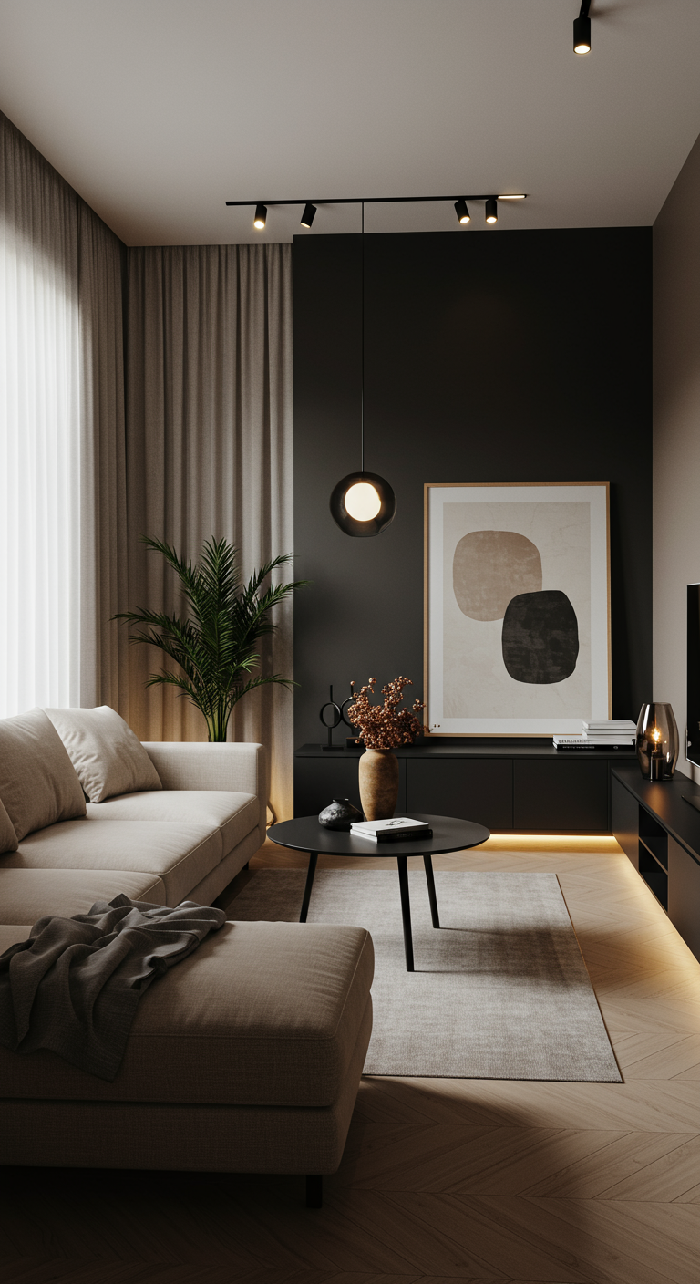 Modernes Japandi Wohnzimmer mit dunkler Akzentwand und beigem Sofa.