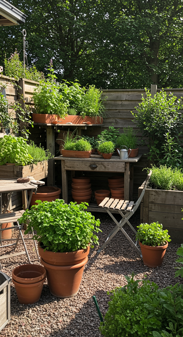 Kräutergarten-Ecke mit Holztisch, Terrakotta-Töpfen und Holzkisten voller Kräuter.