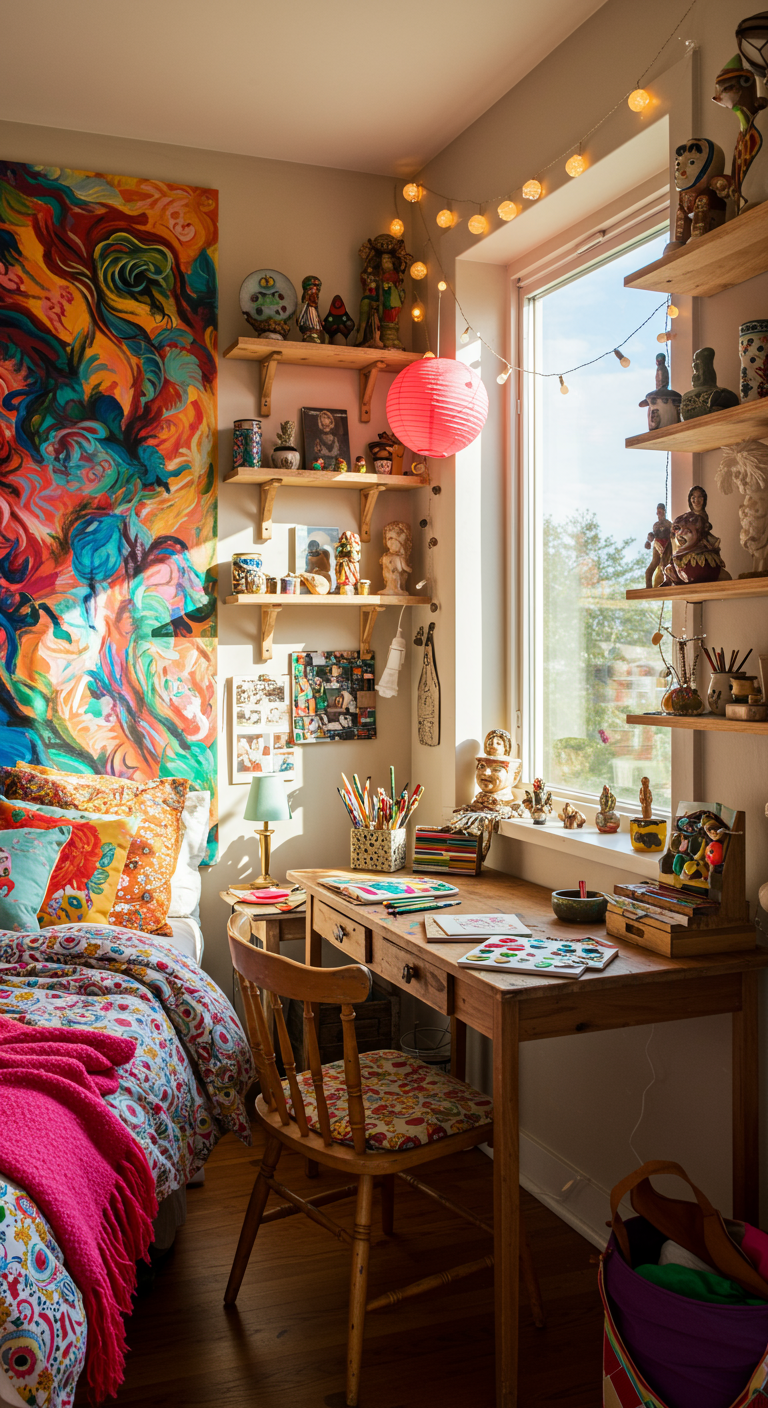 Farbenfrohes, künstlerisches Boho-Schlafzimmer mit großem Wandbild und vielen Deko-Objekten.
