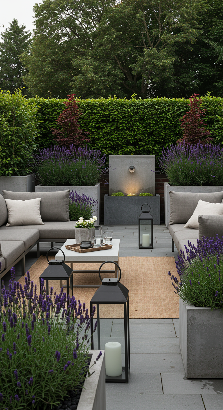 Moderne graue Lounge-Möbel auf einer Terrasse, umgeben von Betonkübeln mit Lavendel und einem Wasserspiel.
