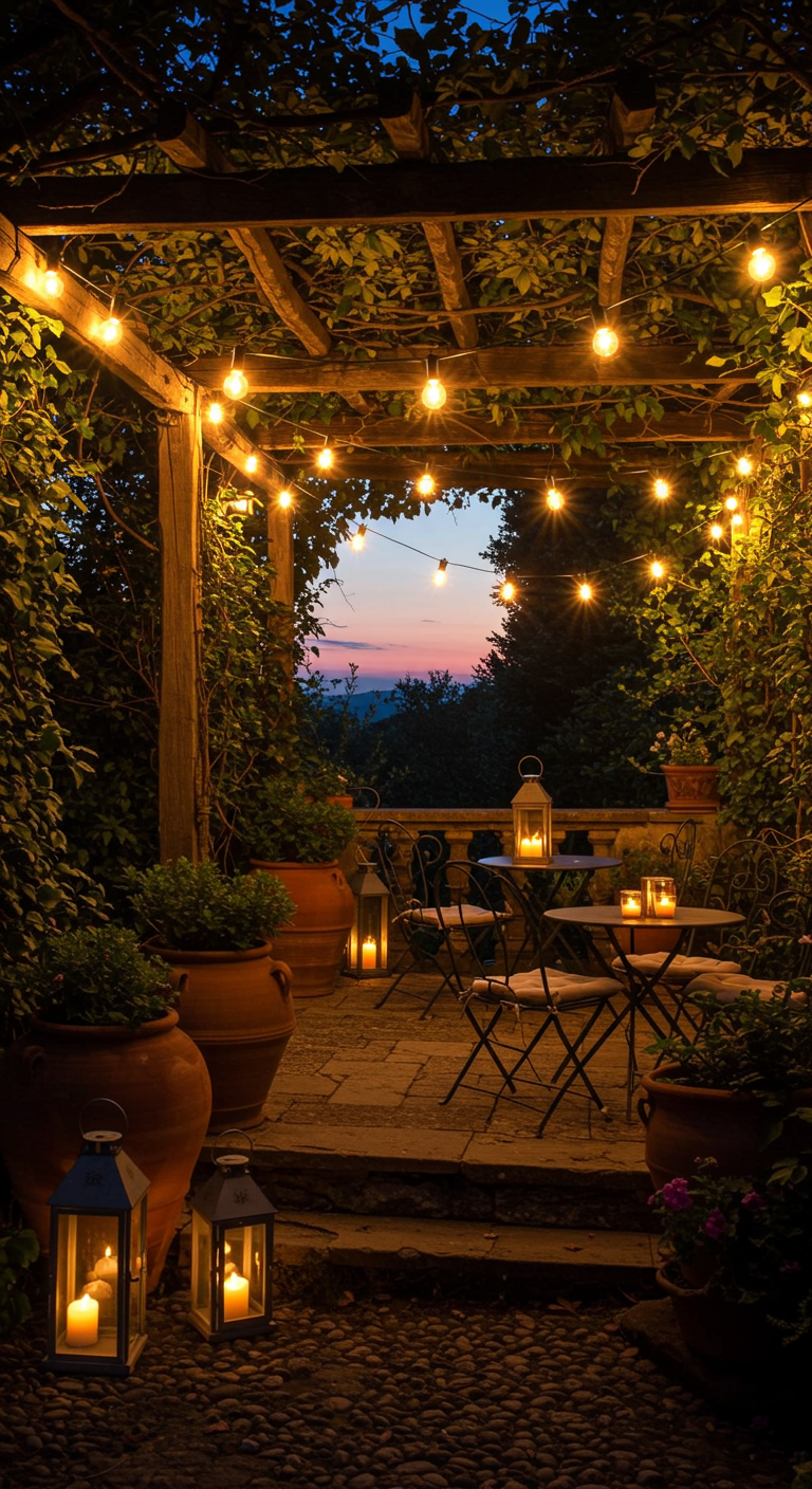 Abendliche Pergola mit Lichterketten, Laternen und Bistro-Set.