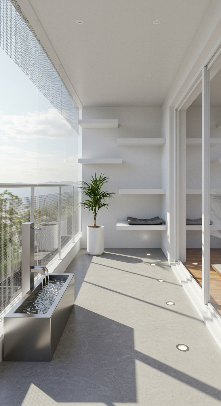 Minimalistisches Catio mit Wasserbecken, weißen Regalen und Bodenstrahlern