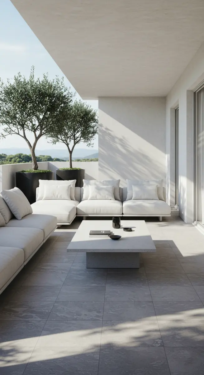 Moderne, minimalistische Terrasse mit weißen Loungemöbeln und Olivenbäumen.