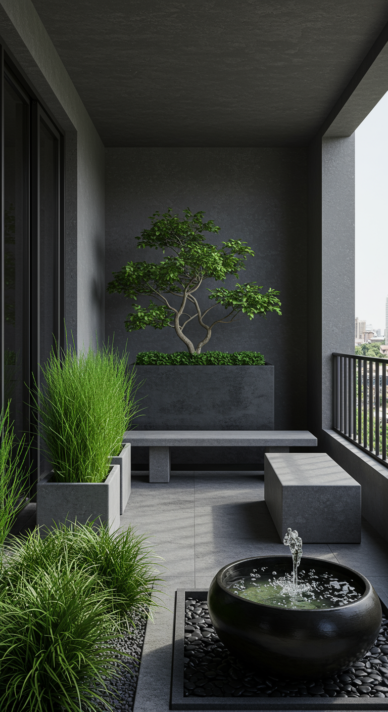Moderner minimalistischer Balkon mit Betonmöbeln, Gräsern und Wasserfeature.