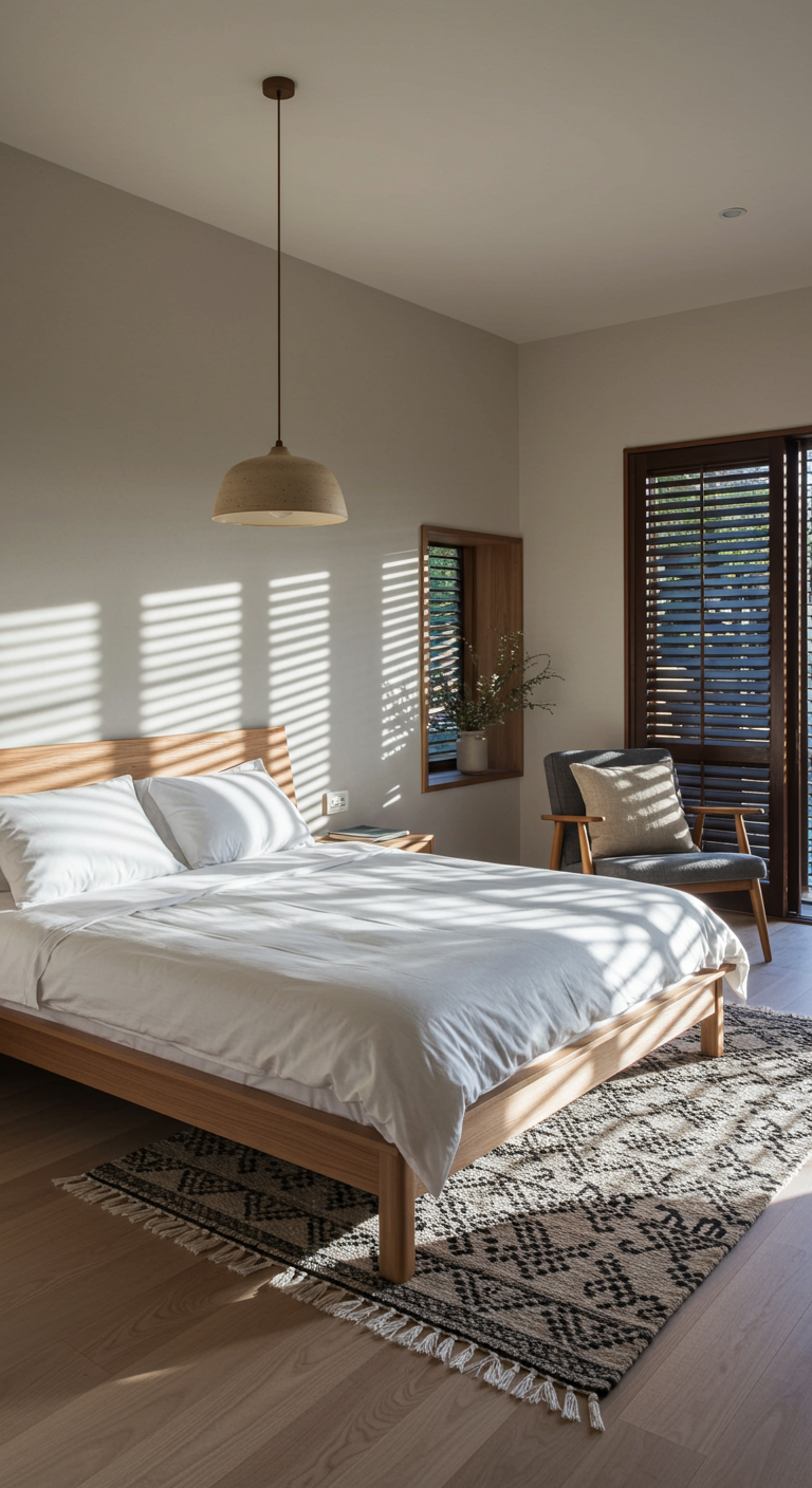Japandi-Schlafzimmer mit Holzbett, grafischem Teppich und Morgensonne durch Jalousien.