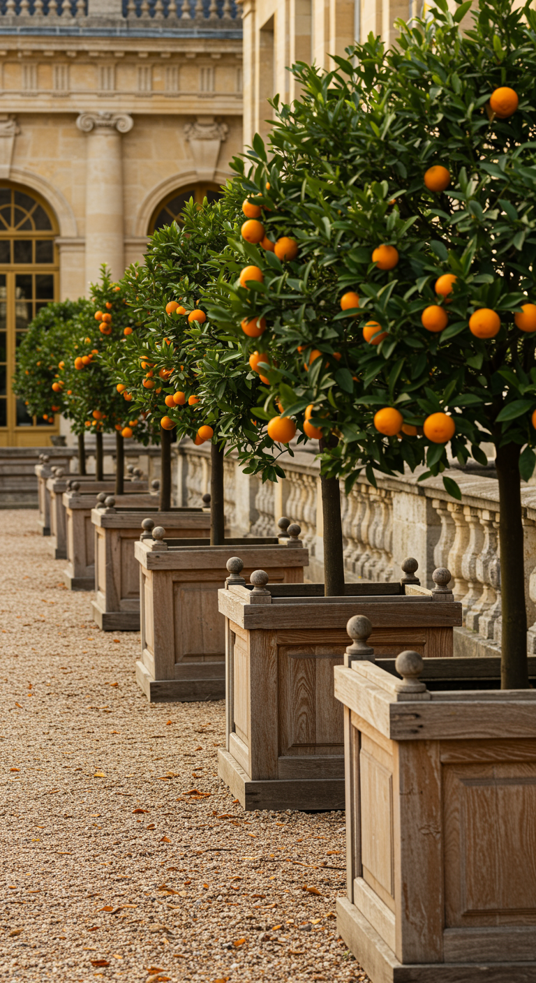 Reihe von Orangenbäumen in quadratischen Holzkübeln auf Kies vor einem Schlossgebäude.