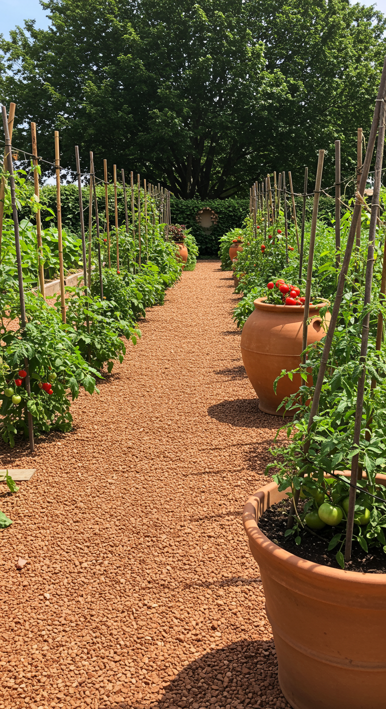 Gemüsegarten mit Tomatenpflanzen und großen Terrakotta-Amphoren entlang eines Kieswegs.