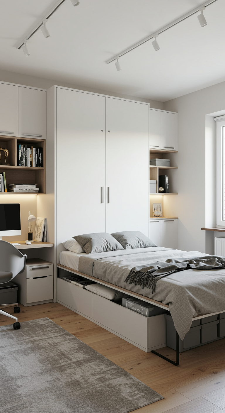 Modernes Schlafzimmer mit Schrankbett, das einen integrierten Schreibtisch hat.