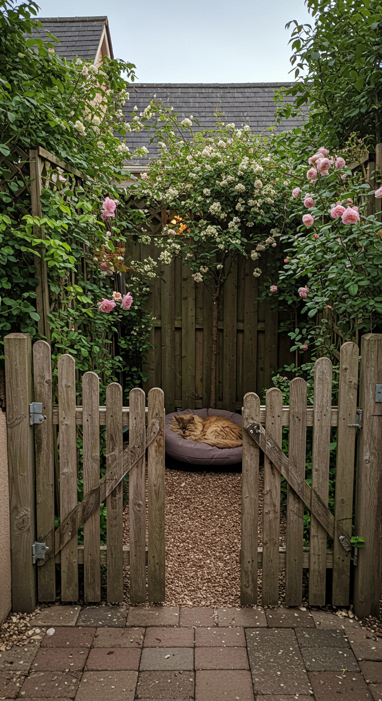 Katze schläft in Haustierbett hinter Holzzaun und Gartentor in Rosenbeet