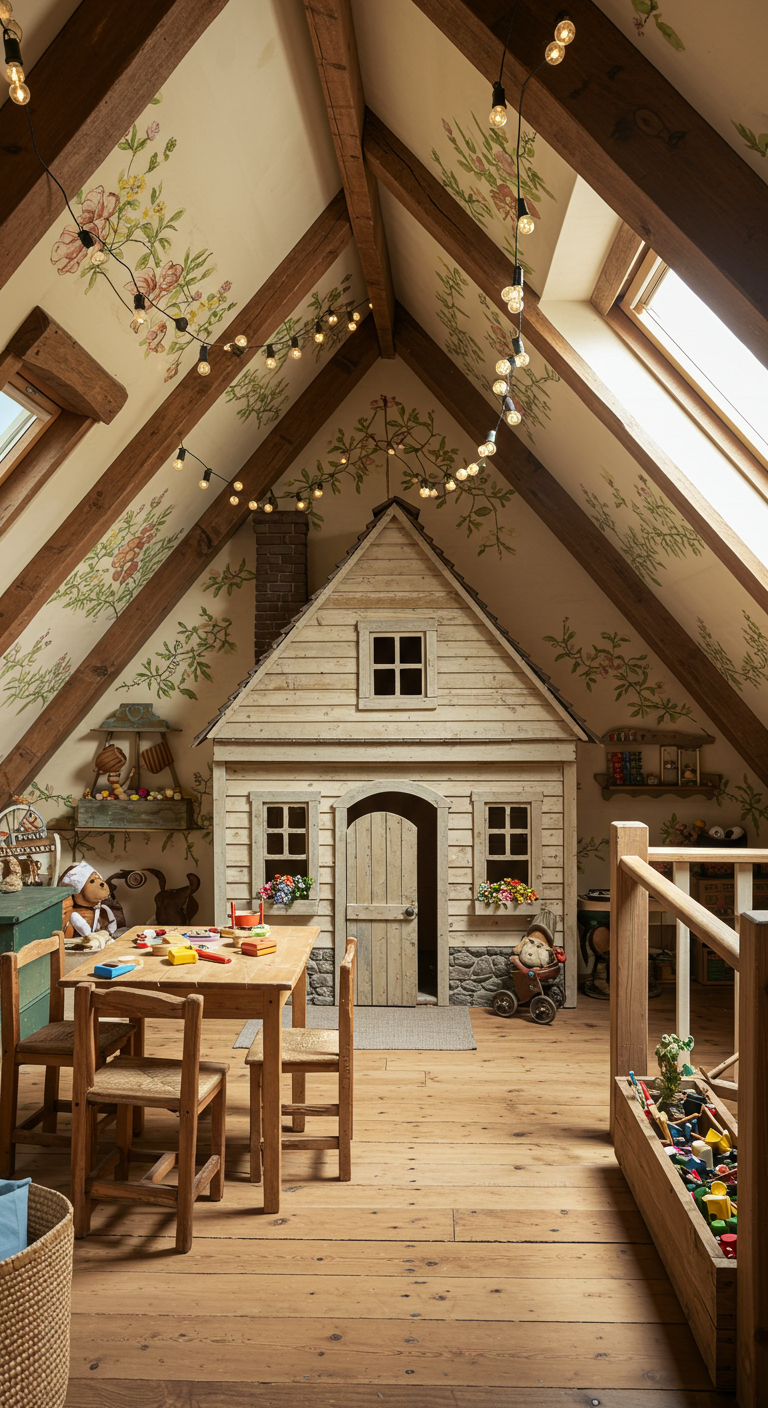 Dachbodenzimmer mit Holzspielhaus, Kindertisch und floraler Tapete.