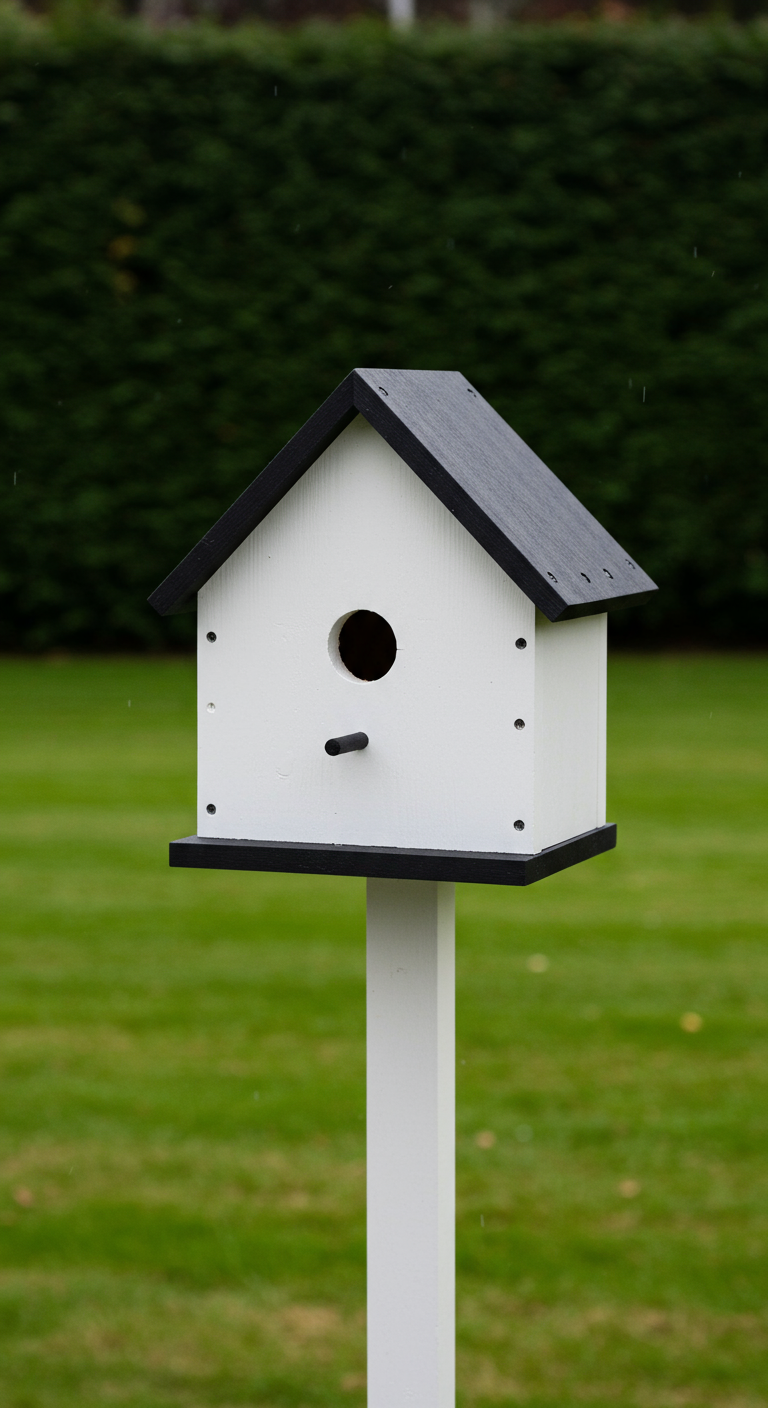 Einfaches schwarz-weißes Vogelhaus auf einem hohen weißen Pfahl im grünen Garten.