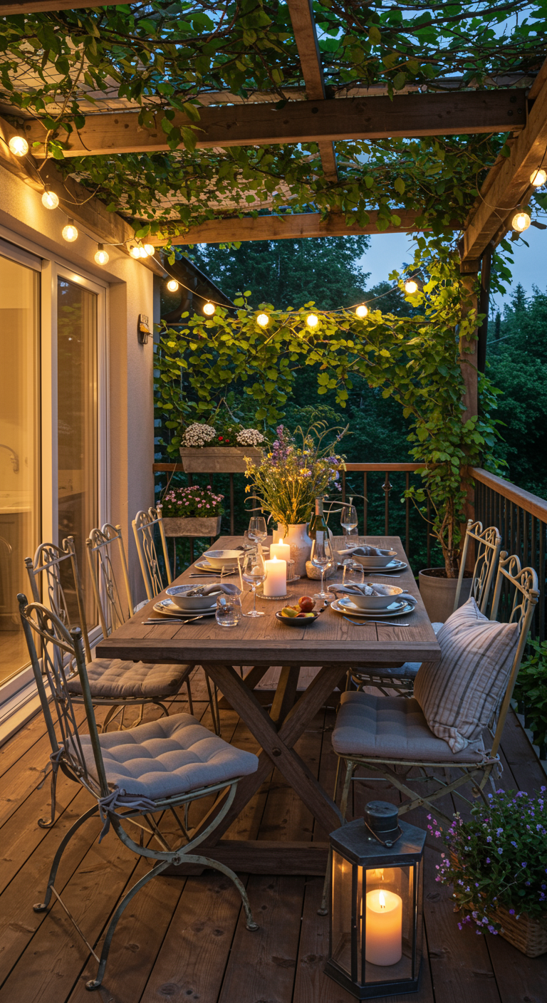 Romantisch gedeckter Esstisch auf einem Balkon mit Pergola, Lichterketten und Kerzen.