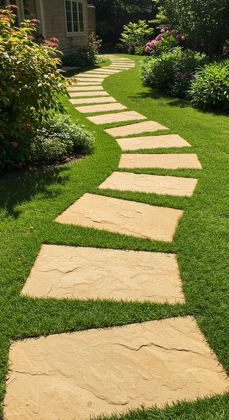 Unregelmäßige, beige Steinplatten als Weg auf grünem Rasen.