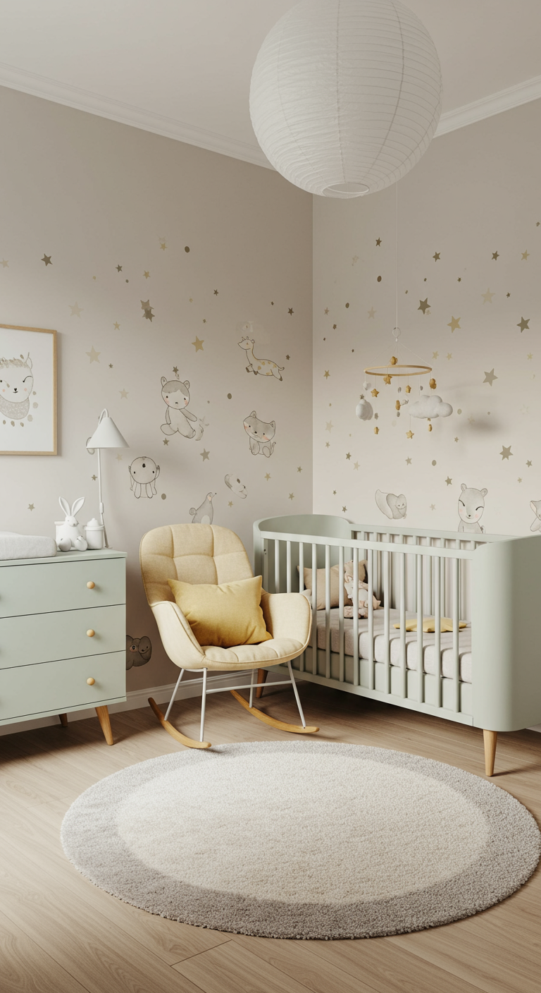 Helles Babyzimmer mit rundem Babybett, Schaukelstuhl und Sternen-Deko.