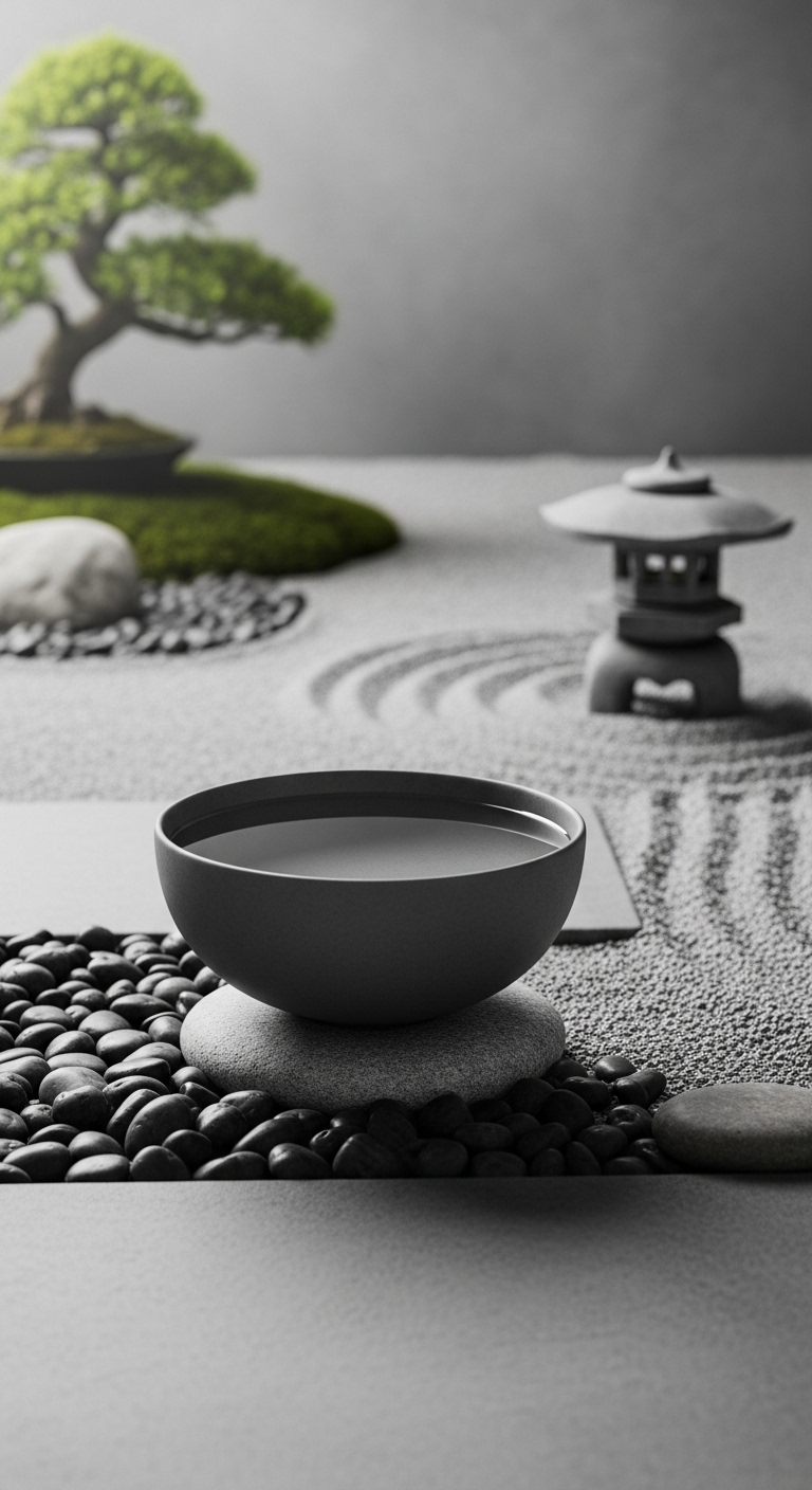 Dunkle Keramikschale als Vogelbad in einem japanischen Zen-Garten mit geharktem Sand.