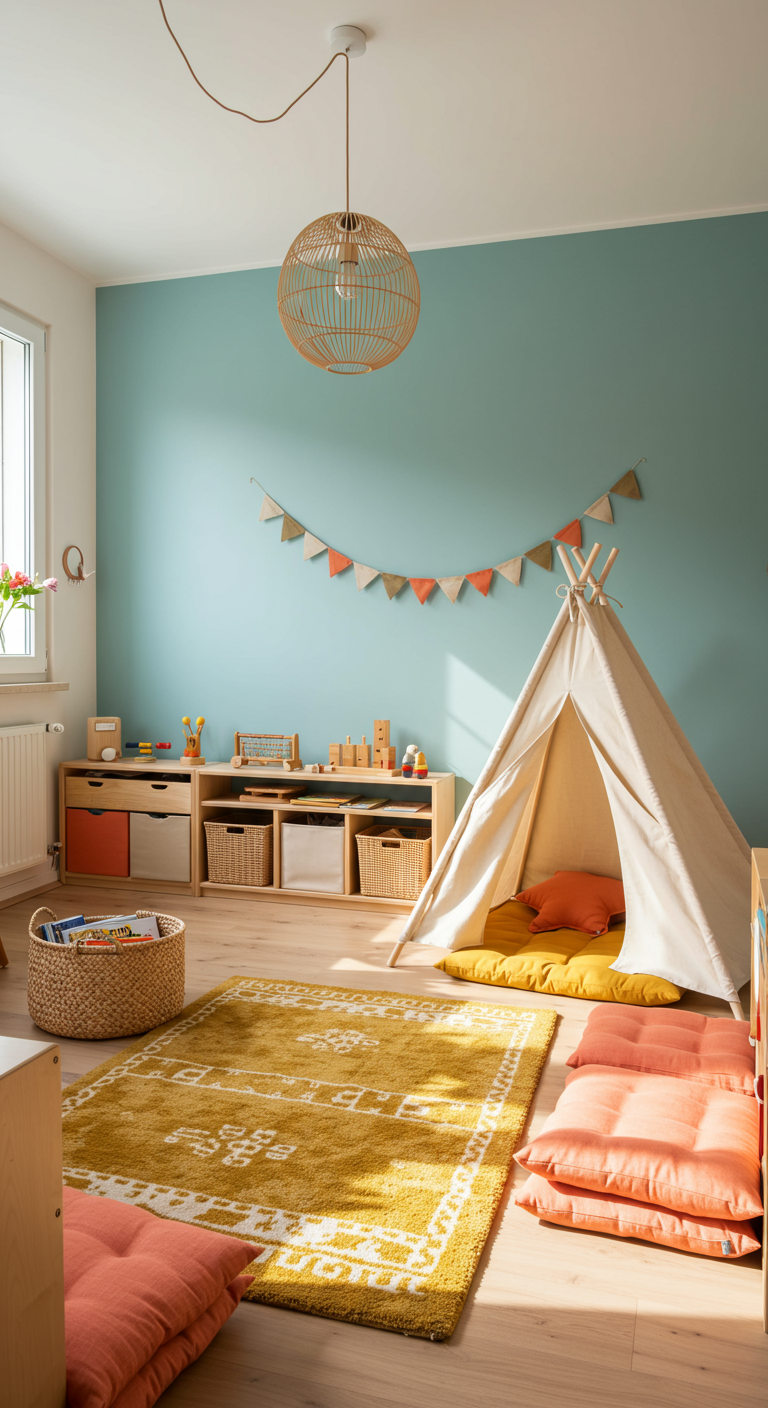 Kinderzimmer mit Tipi, bunten Kissen und petrolfarbener Wand.