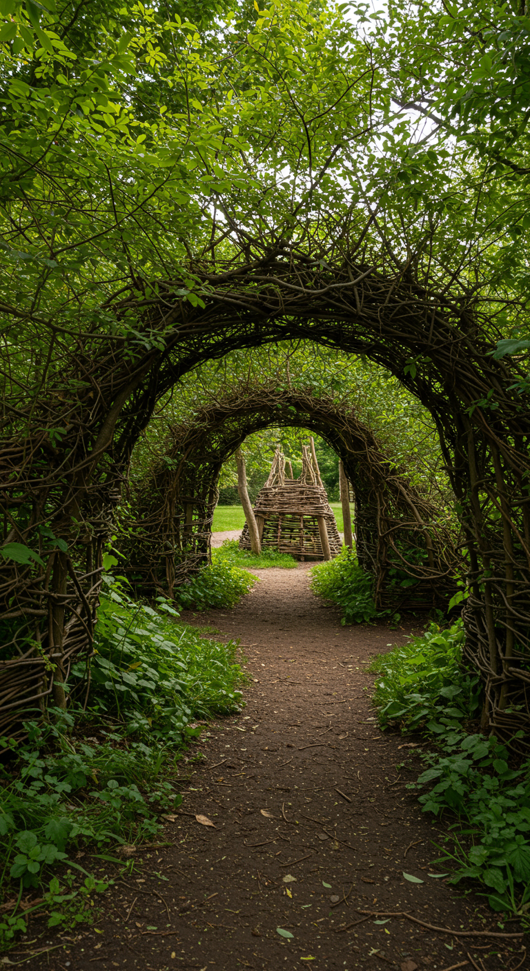 Ein Tunnel aus geflochtenen Weidenzweigen führt zu einer Weidenhütte.