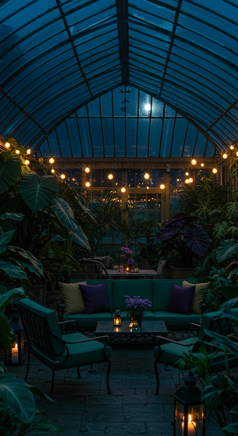 Nächtlicher Wintergarten mit vielen Pflanzen, Lichterketten und Mondschein.