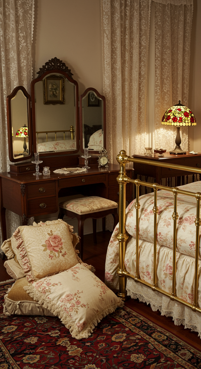 Vintage-Schlafzimmer mit Messingbett, Schminktisch und Tiffany-Lampe.