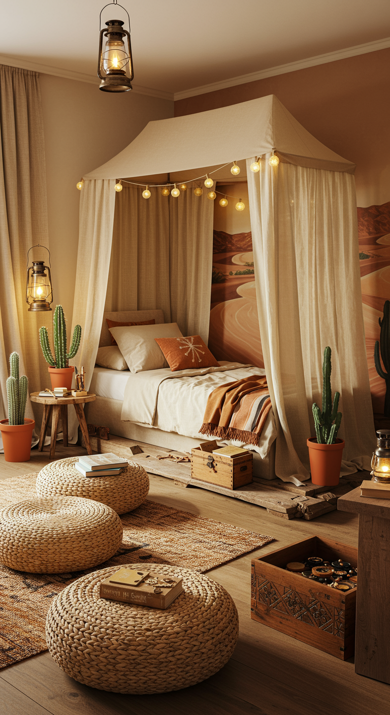 Kinderzimmer im Wüsten-Boho-Stil mit Himmelbett, Kakteen und Erdtönen.