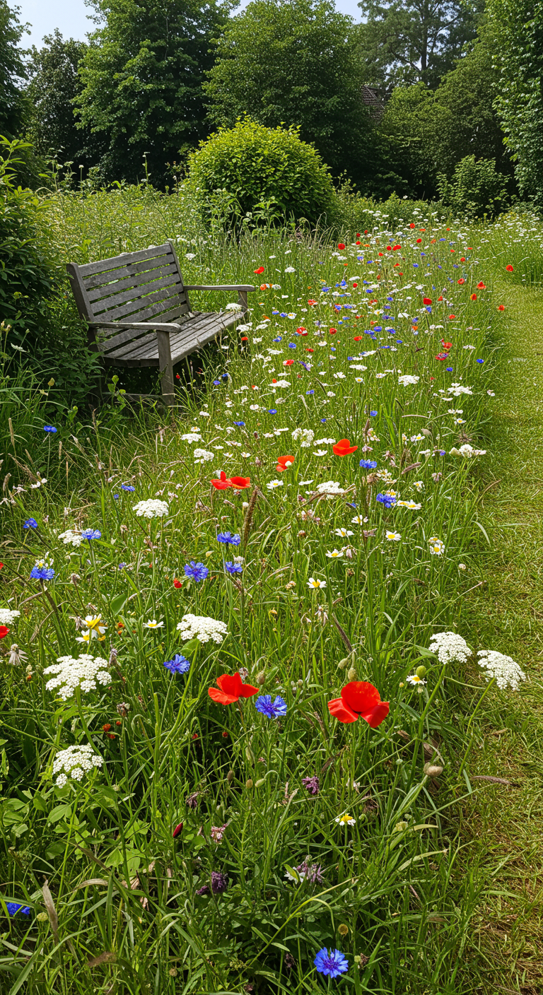 Holzbank an einer Wiese voller bunter Wildblumen wie Mohn und Kornblumen.
