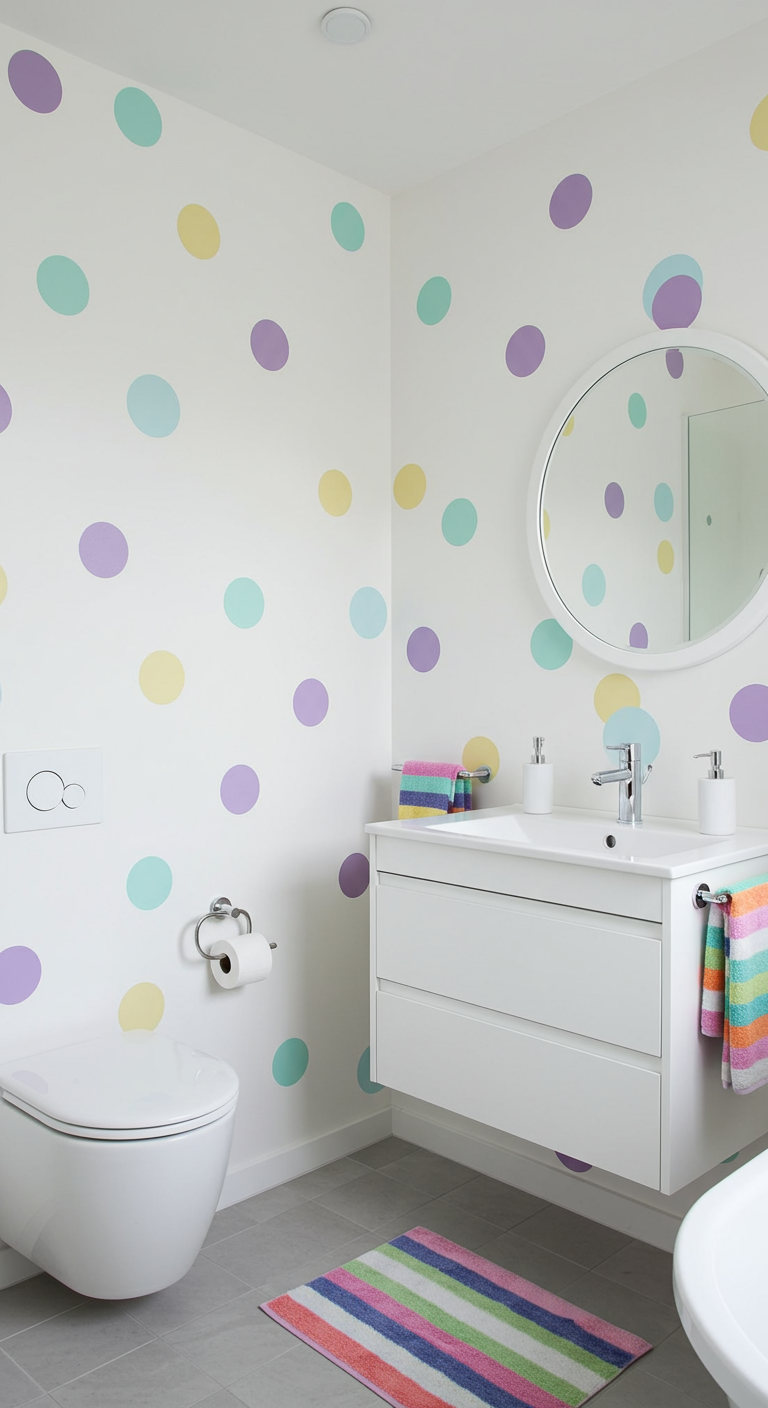 Weißes Kinderbad mit pastellfarbenen Polka Dots an den Wänden.