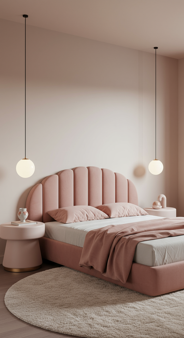 Minimalistisches Schlafzimmer in Rosatönen mit rundem Kopfteil.