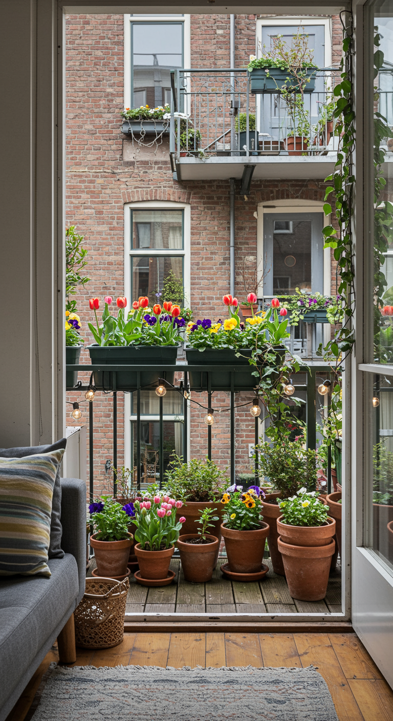 Blumenreicher Balkon mit Tulpen, Stiefmütterchen in Kästen und Terrakotta-Töpfen.