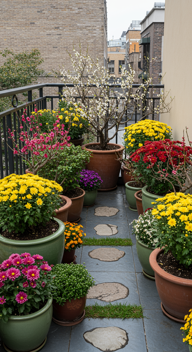 Balkon voller bunter Chrysanthemen und anderer Blumen in Töpfen.
