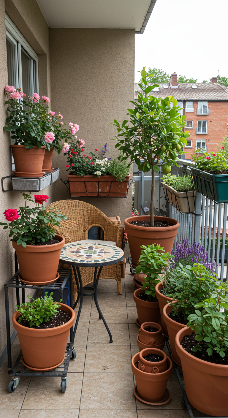 Balkon mit vielen Terrakotta-Töpfen voller Rosen, Kräuter und Zitronenbaum.