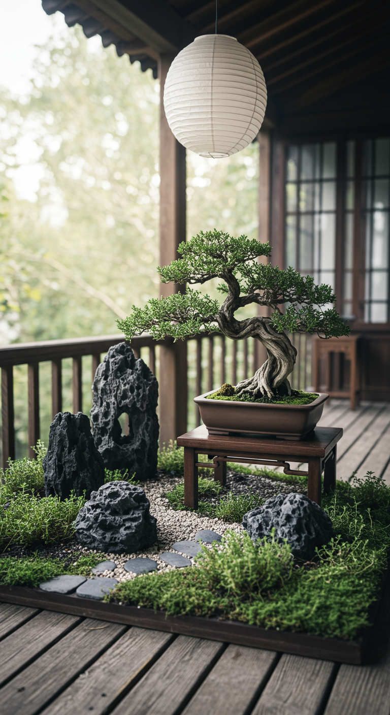 Großer Bonsai auf einer Holzterrasse, umgeben von Steinen, Pflanzen und einer Papierlaterne.