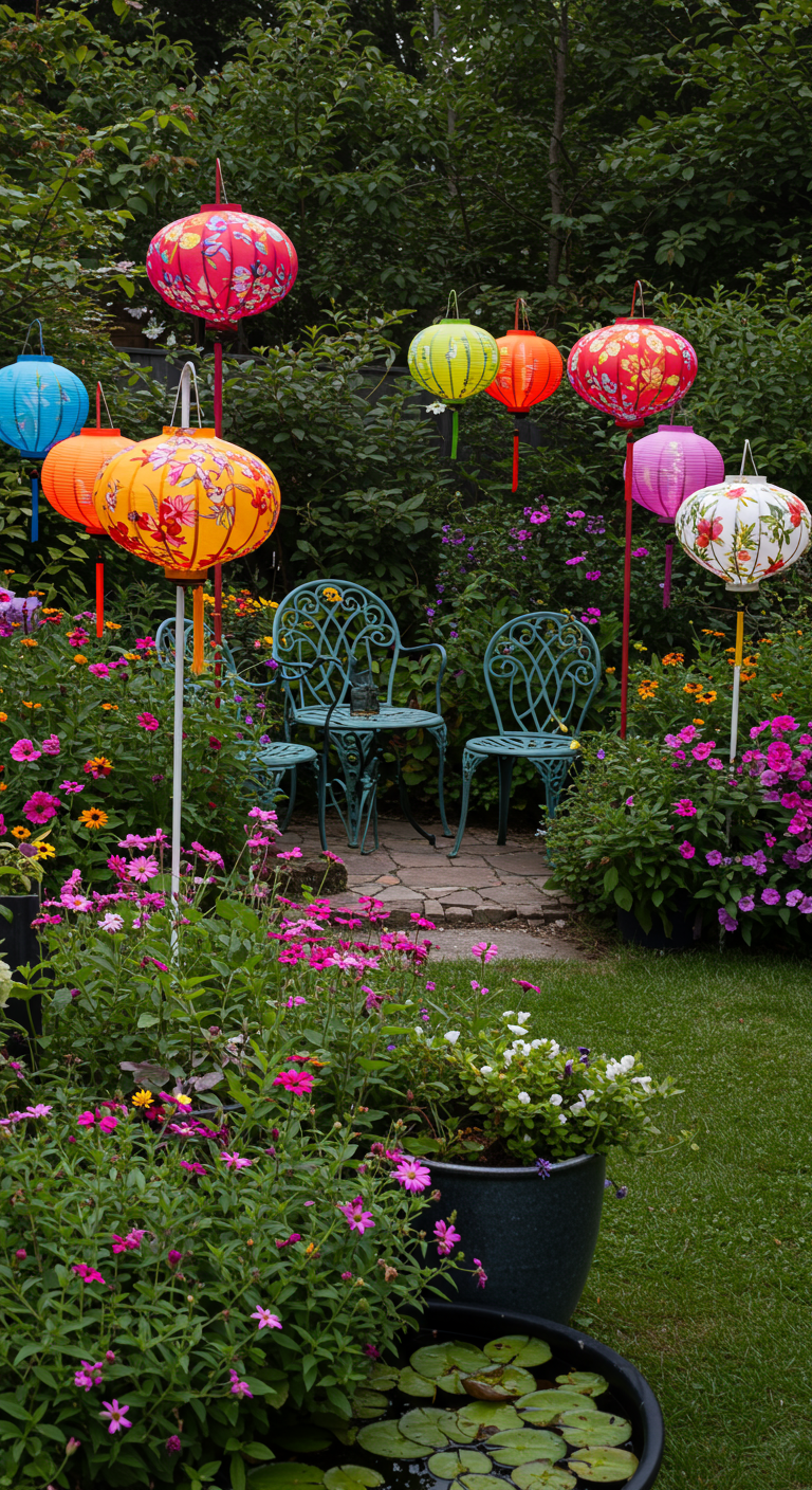 Blühender Garten mit bunten Lampions auf Stäben und einem türkisen Bistro-Set.