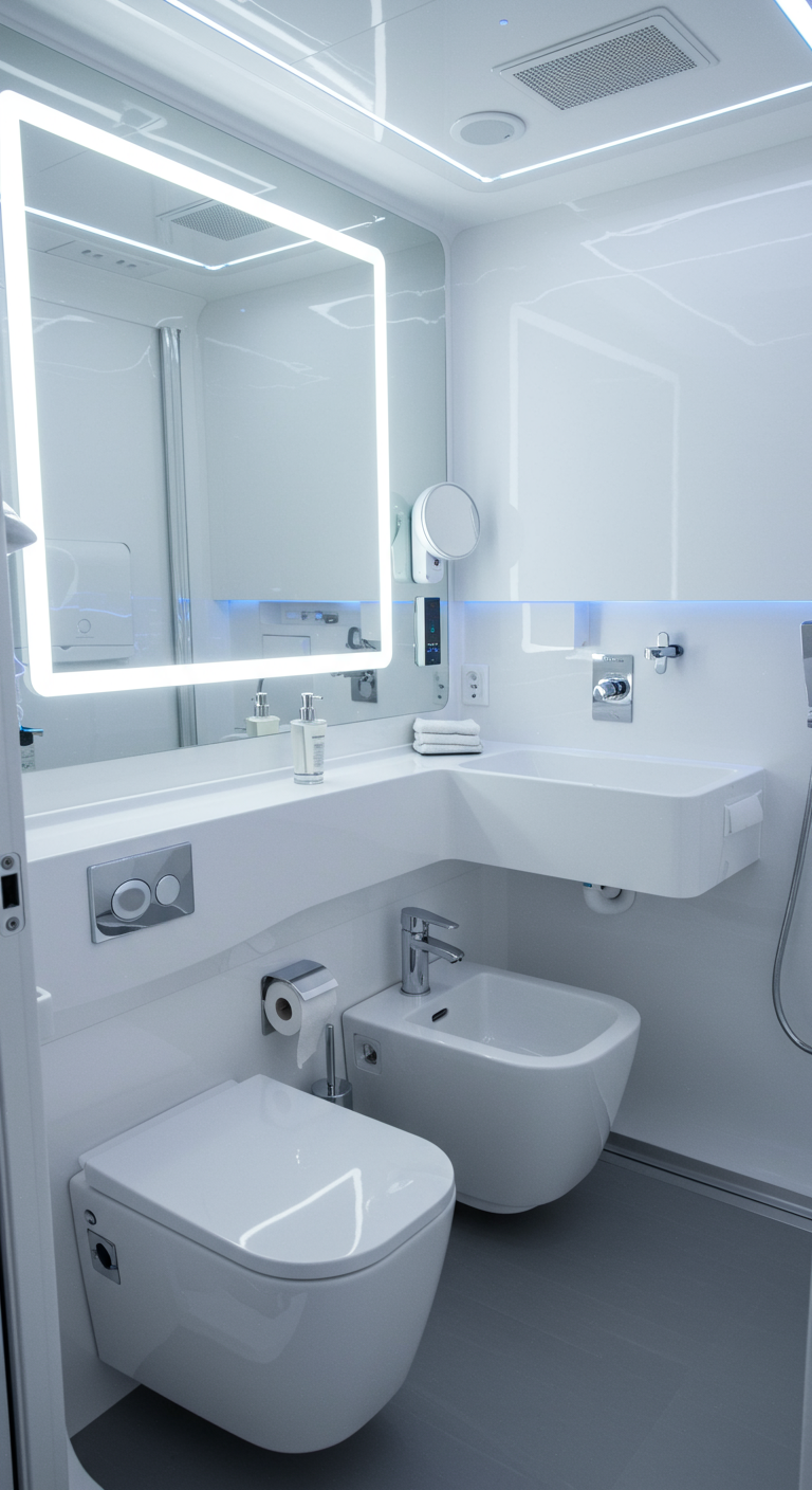 Ultramodernes weißes Bad mit Hochglanzoberflächen und LED-Lichtbändern.