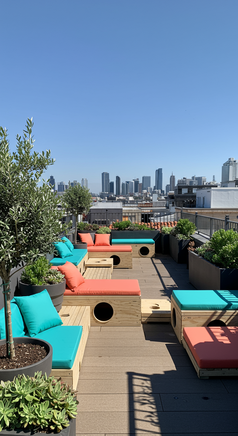 Modulare Outdoor-Liegebetten in Türkis und Koralle mit Verstecken auf einer Dachterrasse.