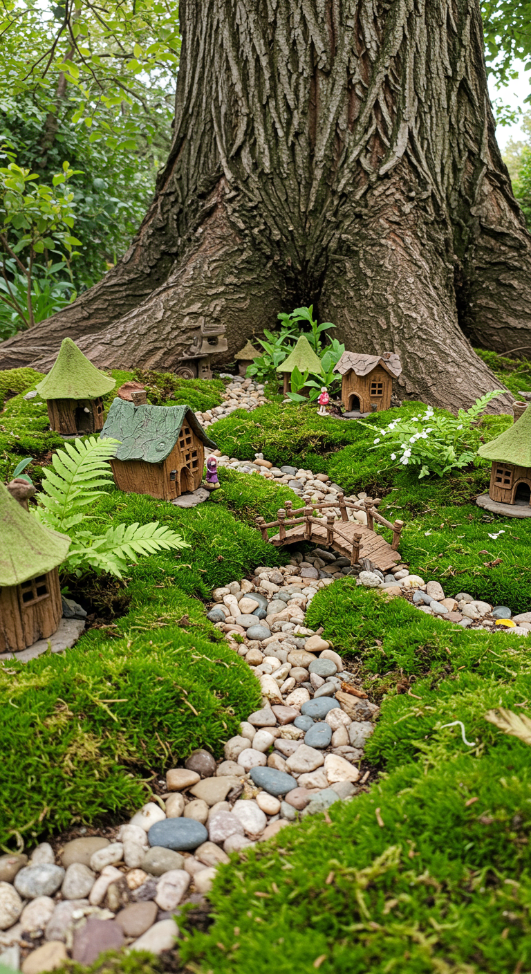 Miniatur-Feendorf mit kleinen Häusern und Brücke am moosigen Fuß eines Baumes.
