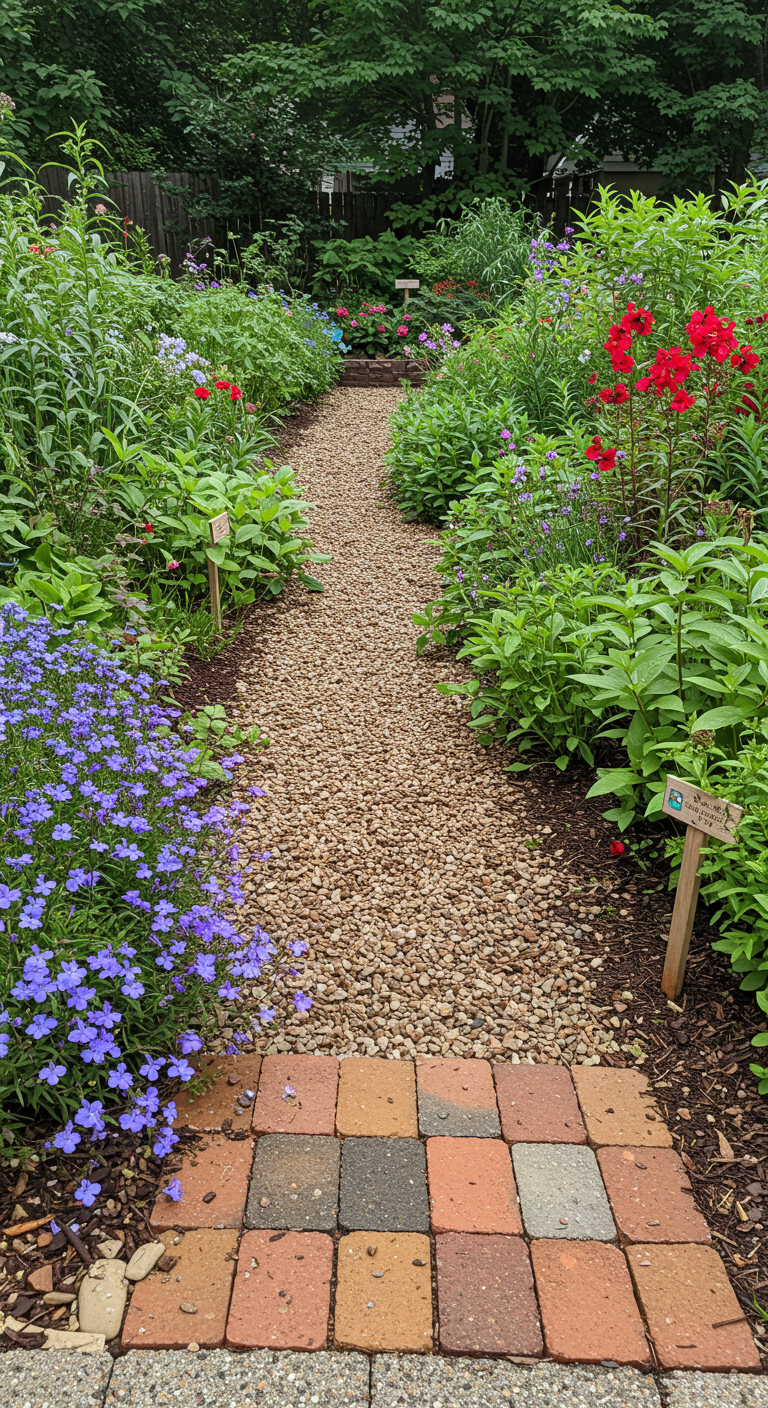 Gartenpfad aus Kies und Ziegeln, umgeben von blauen und roten Blumen