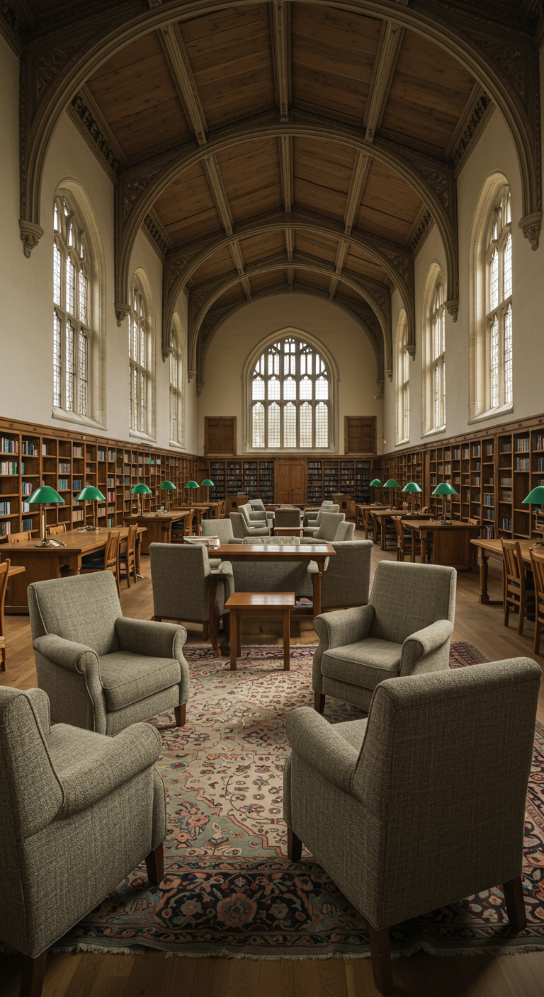 Großer, heller Lesesaal einer Bibliothek mit Holzvertäfelung, Sesseln und Teppich.