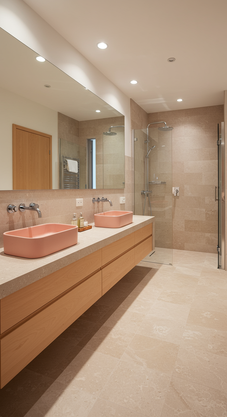 Badezimmer mit Doppelwaschtisch, zwei rosa Waschbecken und großem Spiegel.