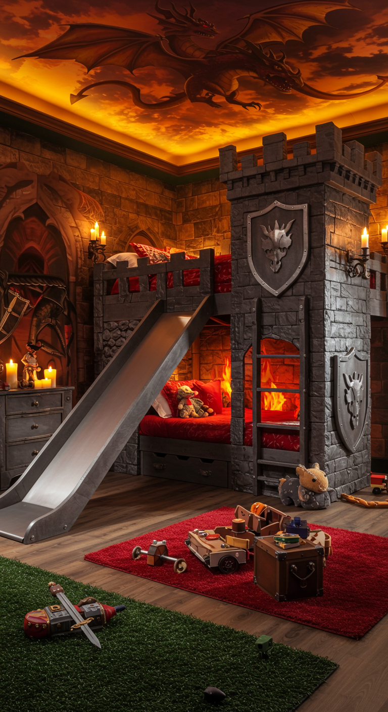 Kinderzimmer mit Burg-Hochbett, Rutsche und Drachen-Deckengemälde.