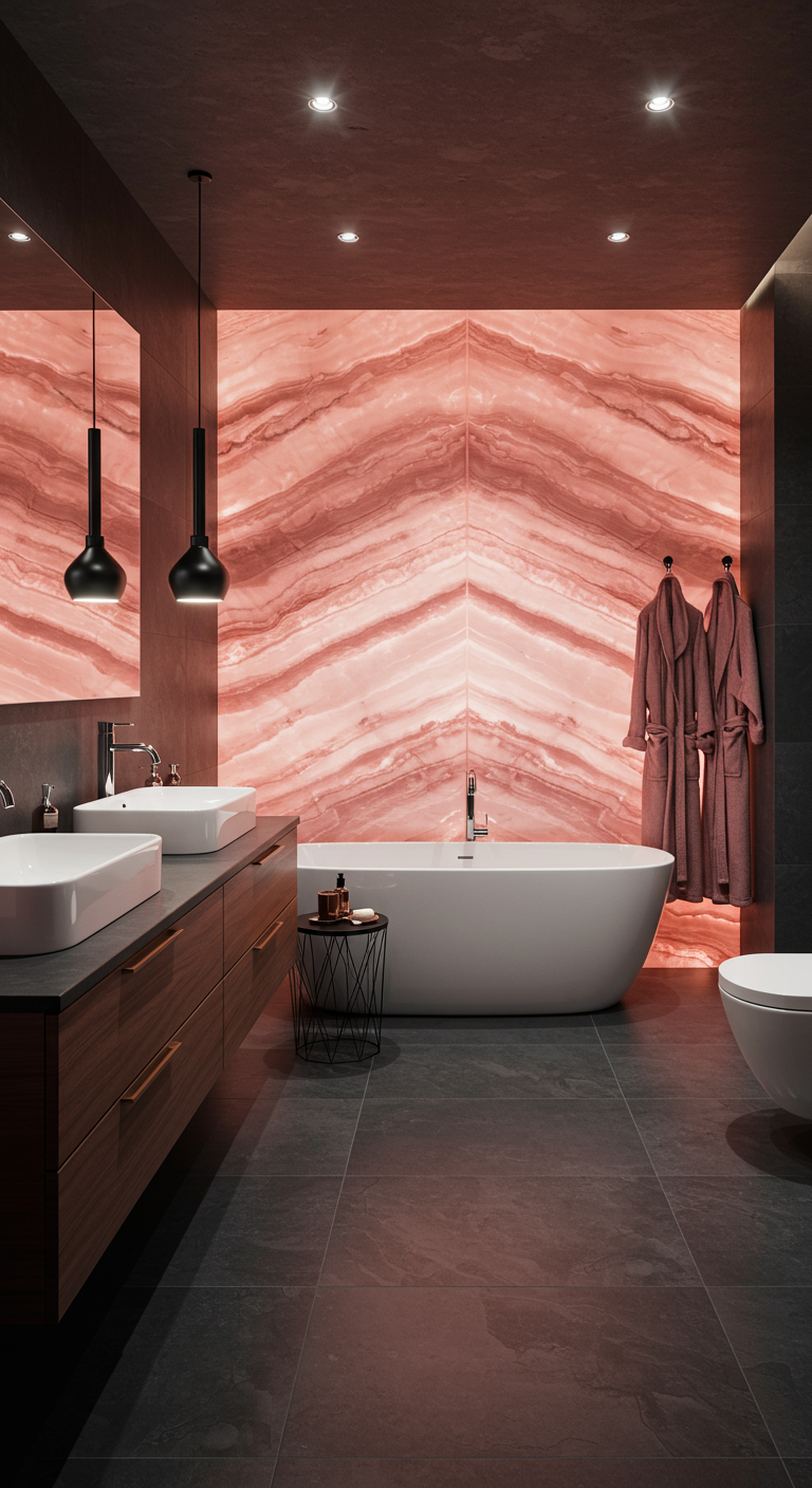 Luxuriöses Bad mit hinterleuchteter rosa Onyx-Wand und dunklen Elementen.