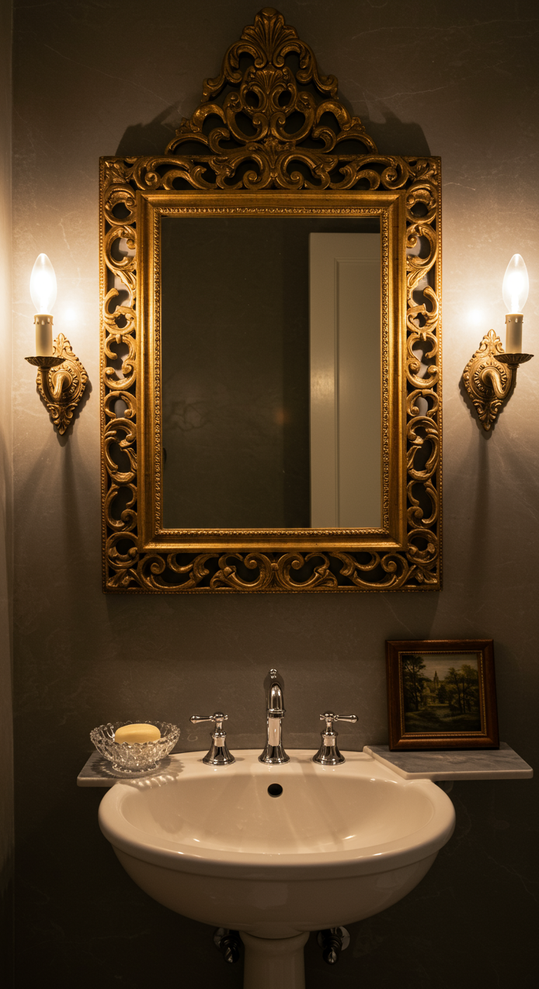 Großer, ornate Goldspiegel über einem Waschbecken mit Wandleuchten.