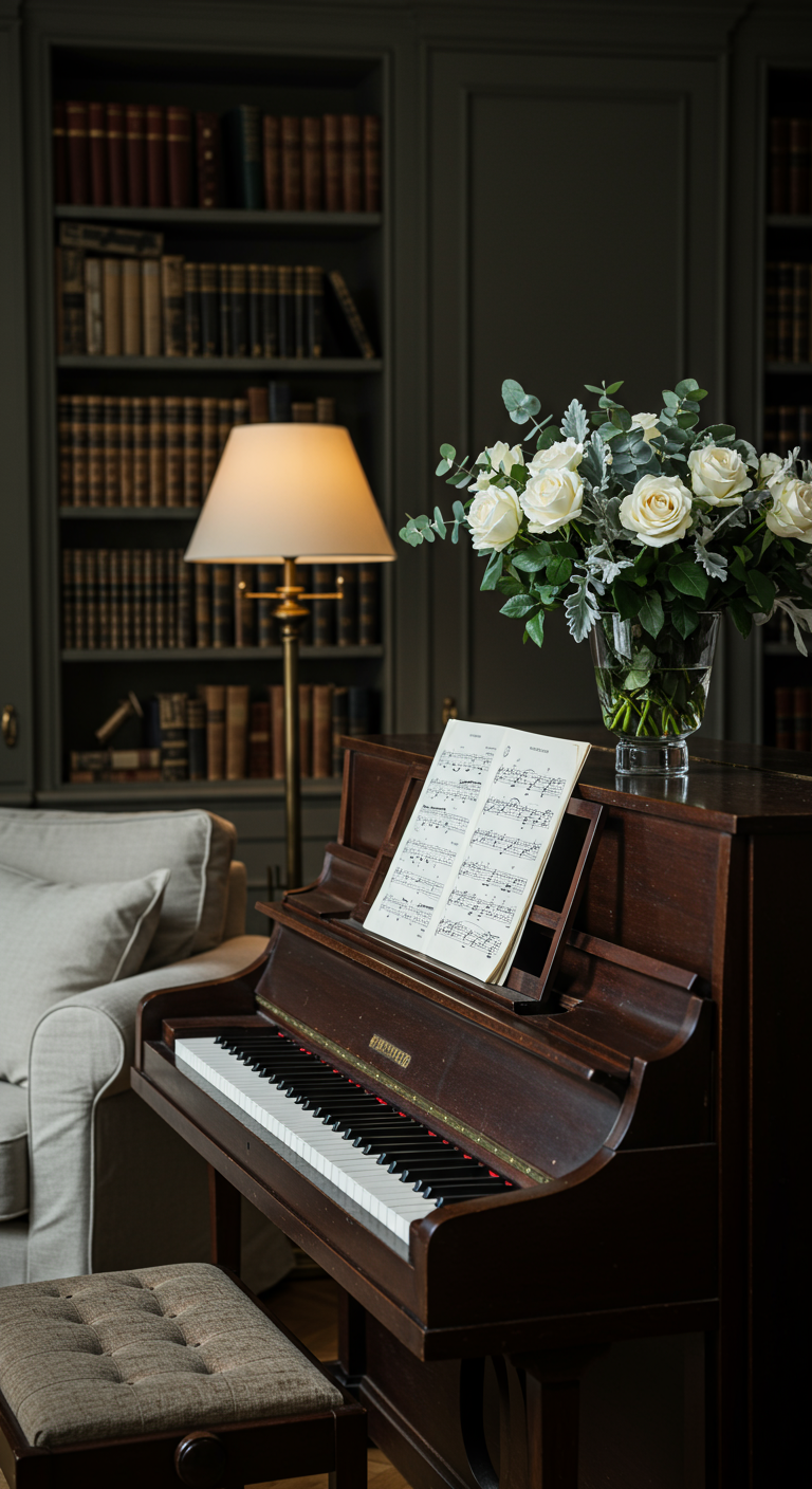 Dunkles Klavier mit Notenblatt, Lampe und großer Vase mit weißen Rosen und Eukalyptus.