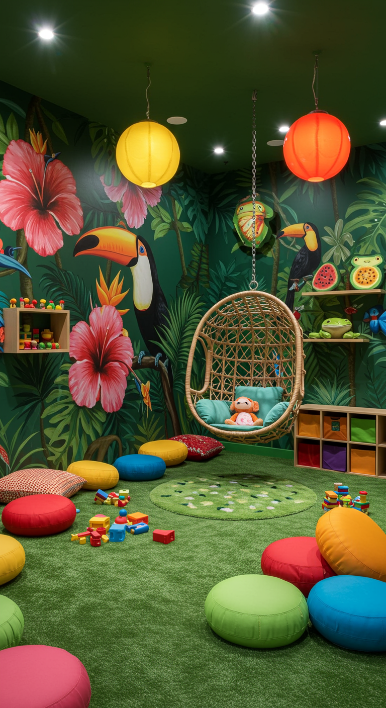Farbenfrohes Kinder-Spielzimmer mit tropischem Regenwald-Motto und Hängesessel.