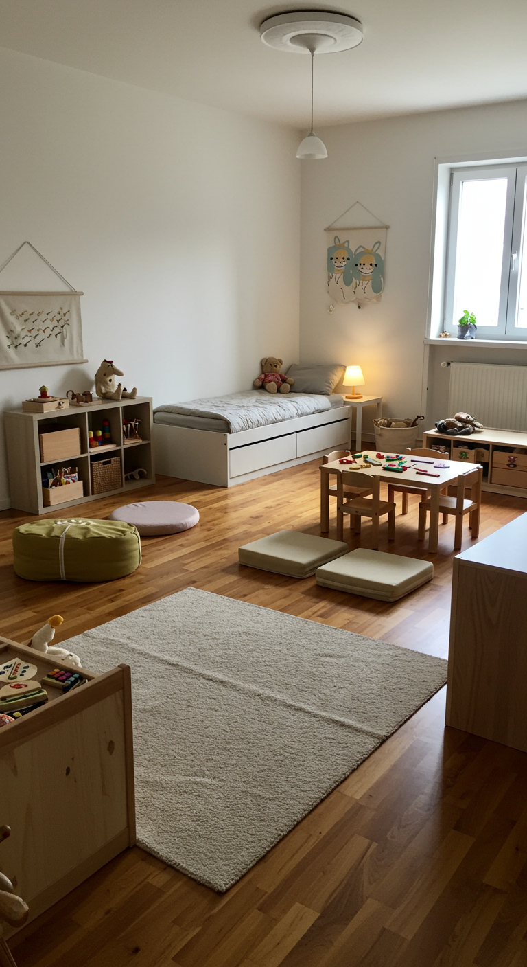 Kinderzimmer mit niedrigem Tisch, Bodenkissen und viel Stauraum.