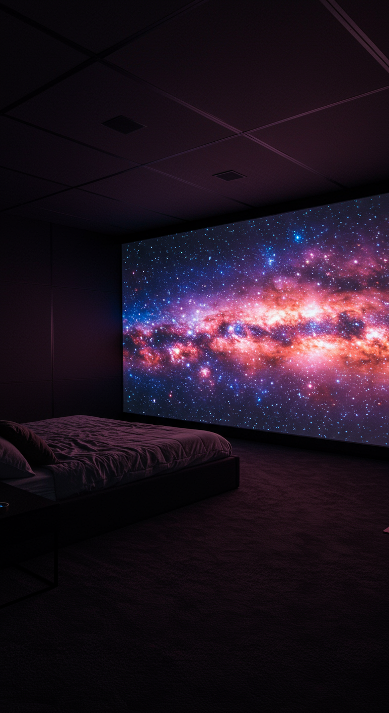 Dunkles Schlafzimmer mit einer riesigen Projektion einer Galaxie an der Wand über dem Bett.
